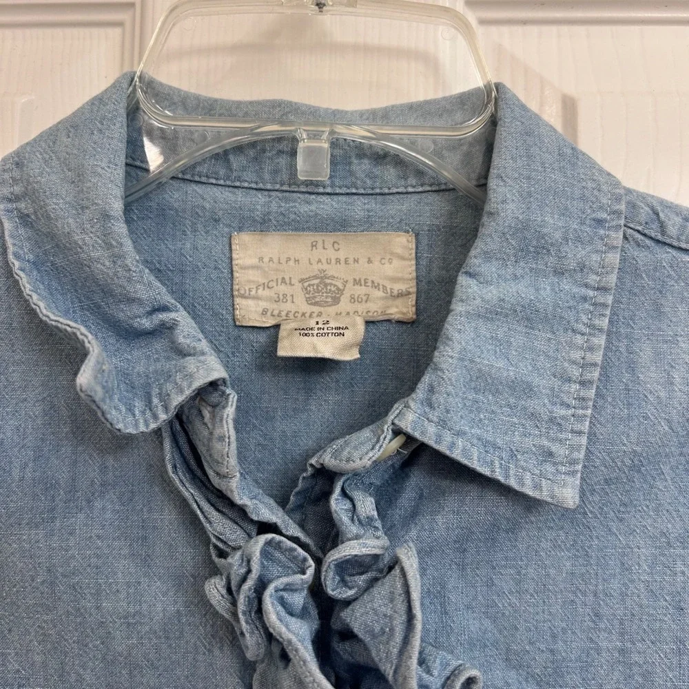 Ralph Lauren Children's Wear Chambray Ruffle Trim Denim Shirt Size 12‎ EUC